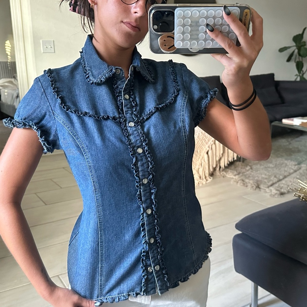 Denim Ruffle Trim Button-Up Shirt